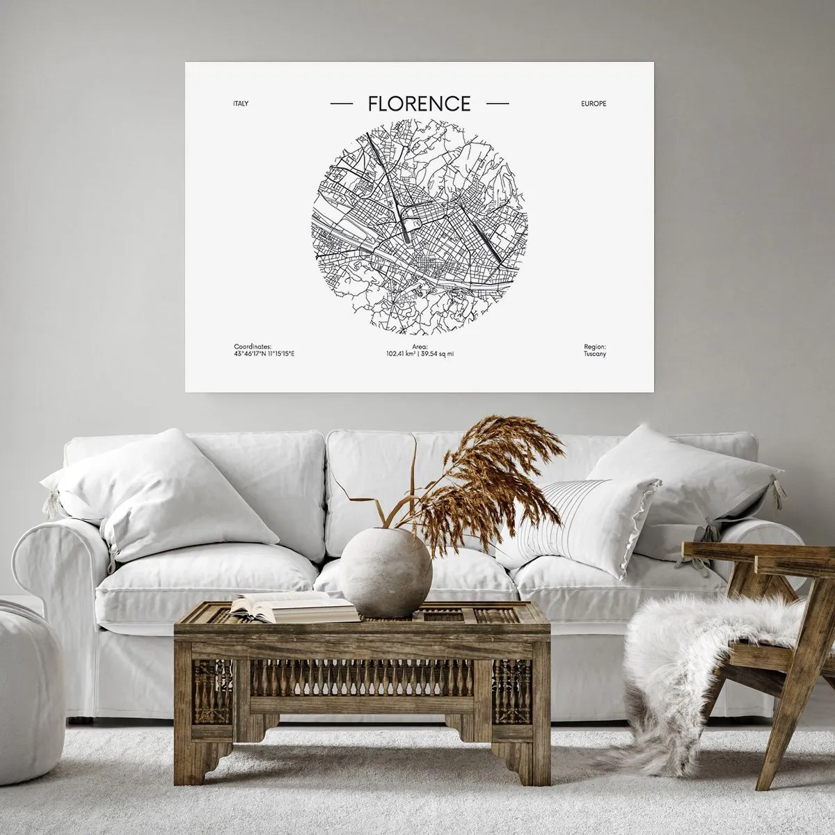 Poster - Una mappa di Firenze in stile minimalista in bianco e nero - 100x70cm - Anatomia di Firenze - Decorazione murale moderna per soggiorno e camera da letto ARTTOR