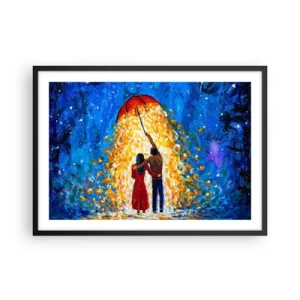 Poster in cornice nera - Una coppia sotto un ombrello rosso sotto la pioggia luminosa - 70x50cm - La magia di una sera piovosa? - Decorazione murale moderna per soggiorno e camera da letto ARTTOR