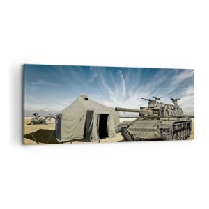 Quadro su tela - Stampe su Tela - Un carro armato accanto a una tenda militare in una zona desertica - 120x50cm - Sogno militare - Decorazione murale moderna per soggiorno e camera da letto ARTTOR