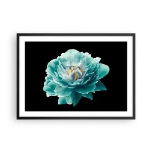 Poster in cornice nera - Fiore di peonia turchese su sfondo nero - 70x50cm - Petali blu e oro - Decorazione murale moderna per soggiorno e camera da letto ARTTOR