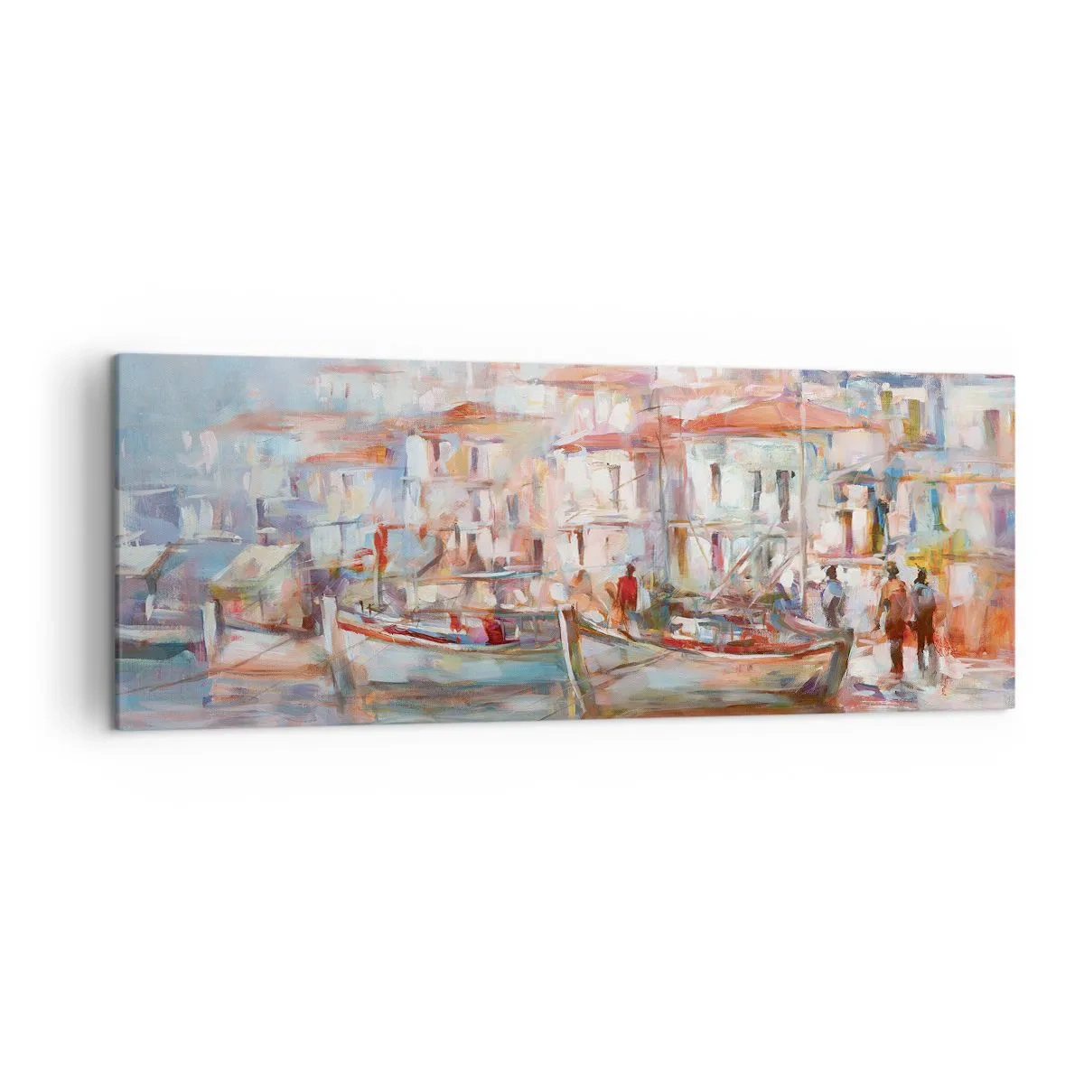 Quadro su tela - Stampe su Tela - Impressione del porto con barche ed edifici - 140x50cm - Vacanze in pastello - Decorazione murale moderna per soggiorno e camera da letto ARTTOR