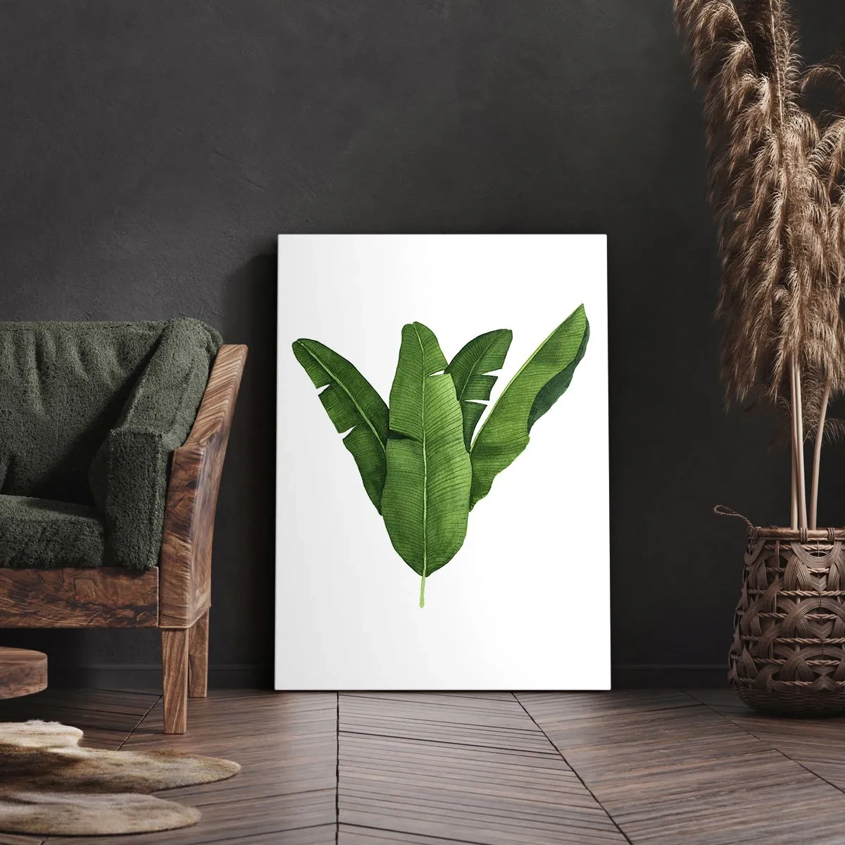 Quadro su tela - Stampe su Tela - Tre foglie di banano in un approccio artistico - 50x70cm - Simmetria verde - Decorazione murale moderna per soggiorno e camera da letto ARTTOR
