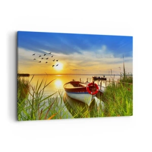 Quadro su tela - Stampe su Tela - Una barca sulla riva di un lago al tramonto - 100x70cm - I cormorano volano già via - Decorazione murale moderna per soggiorno e camera da letto ARTTOR