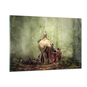 Quadro su vetro - Un elefante nella foresta con bambini in costumi tradizionali - 120x80cm - Il nuovo Libro della Giungla - Decorazione murale moderna per soggiorno e camera da letto ARTTOR