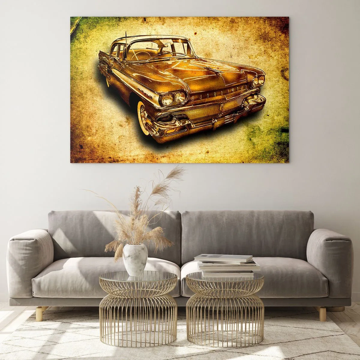 Quadro su vetro - Un'auto d'epoca con uno sfondo d'epoca - 70x50cm - La bellezza eterna della classicità - Decorazione murale moderna per soggiorno e camera da letto ARTTOR