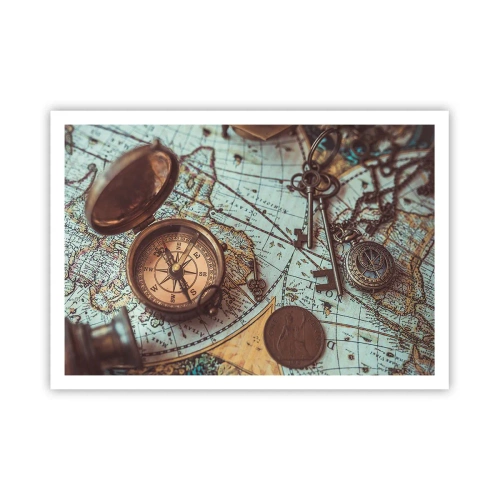 Poster - Composizione con bussola, chiavi e una vecchia mappa in stile retrò - 100x70cm - Per il cercatore di avventure - Decorazione murale moderna per soggiorno e camera da letto ARTTOR
