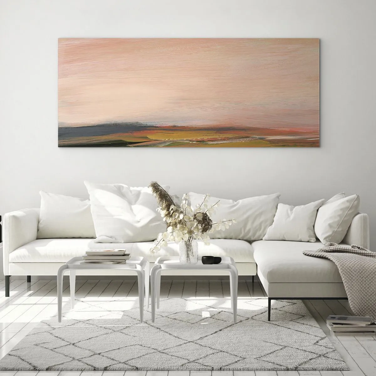 Quadro su vetro - Un paesaggio nei toni del rosa e dell'oro - 140x50cm - In tonalità di rosa - Decorazione murale moderna per soggiorno e camera da letto ARTTOR