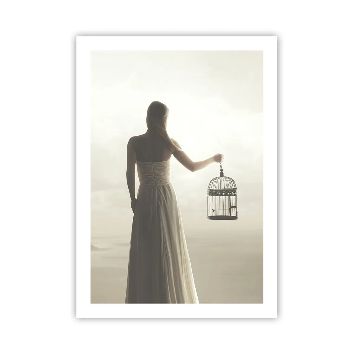 Poster - Una donna con una gabbia sullo sfondo di un paesaggio nebbioso - 50x70cm - Sii libera - Decorazione murale moderna per soggiorno e camera da letto ARTTOR