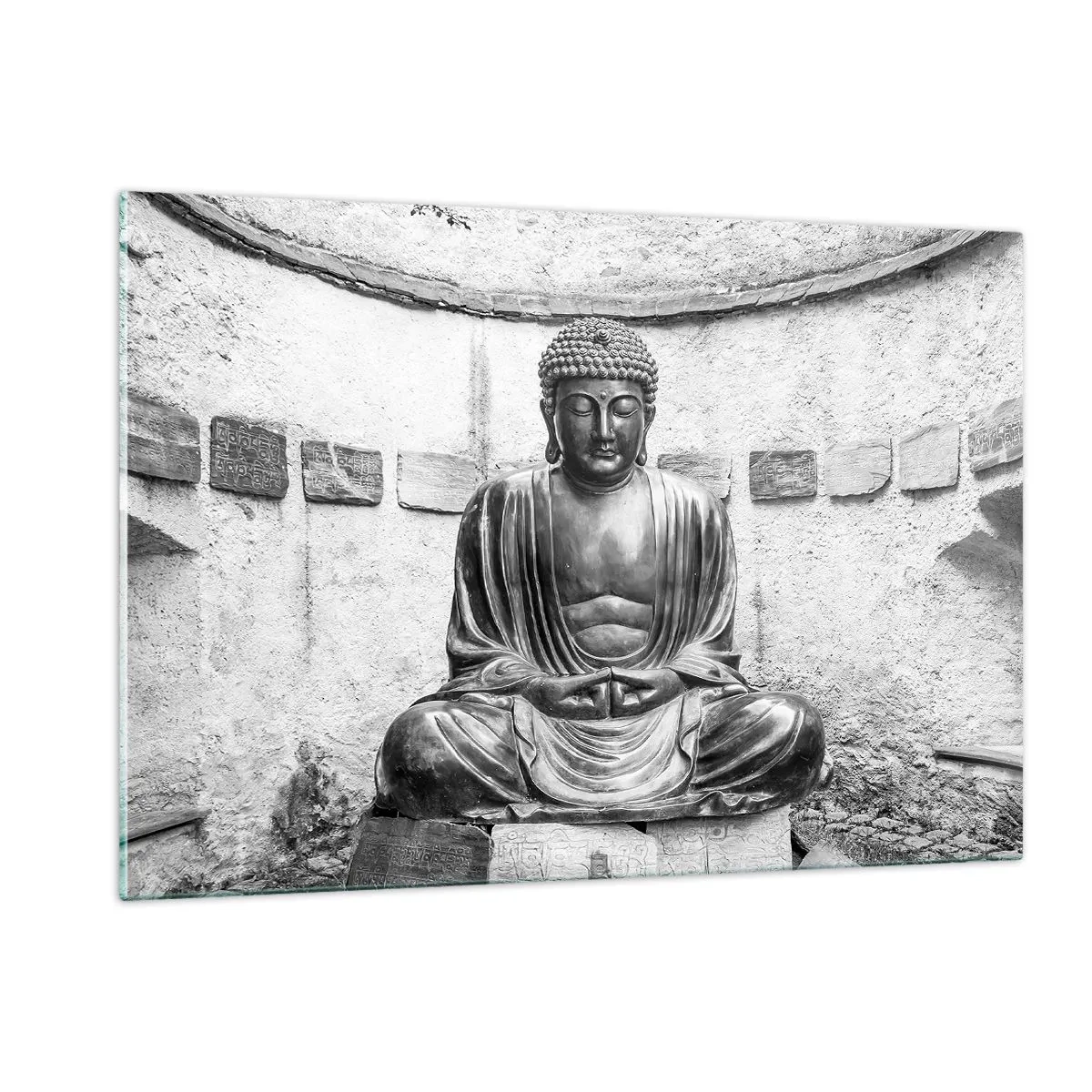 Quadro su vetro - Statua in bianco e nero del Buddha in posa meditativa - 120x80cm - Alla fonte della pace - Decorazione murale moderna per soggiorno e camera da letto ARTTOR