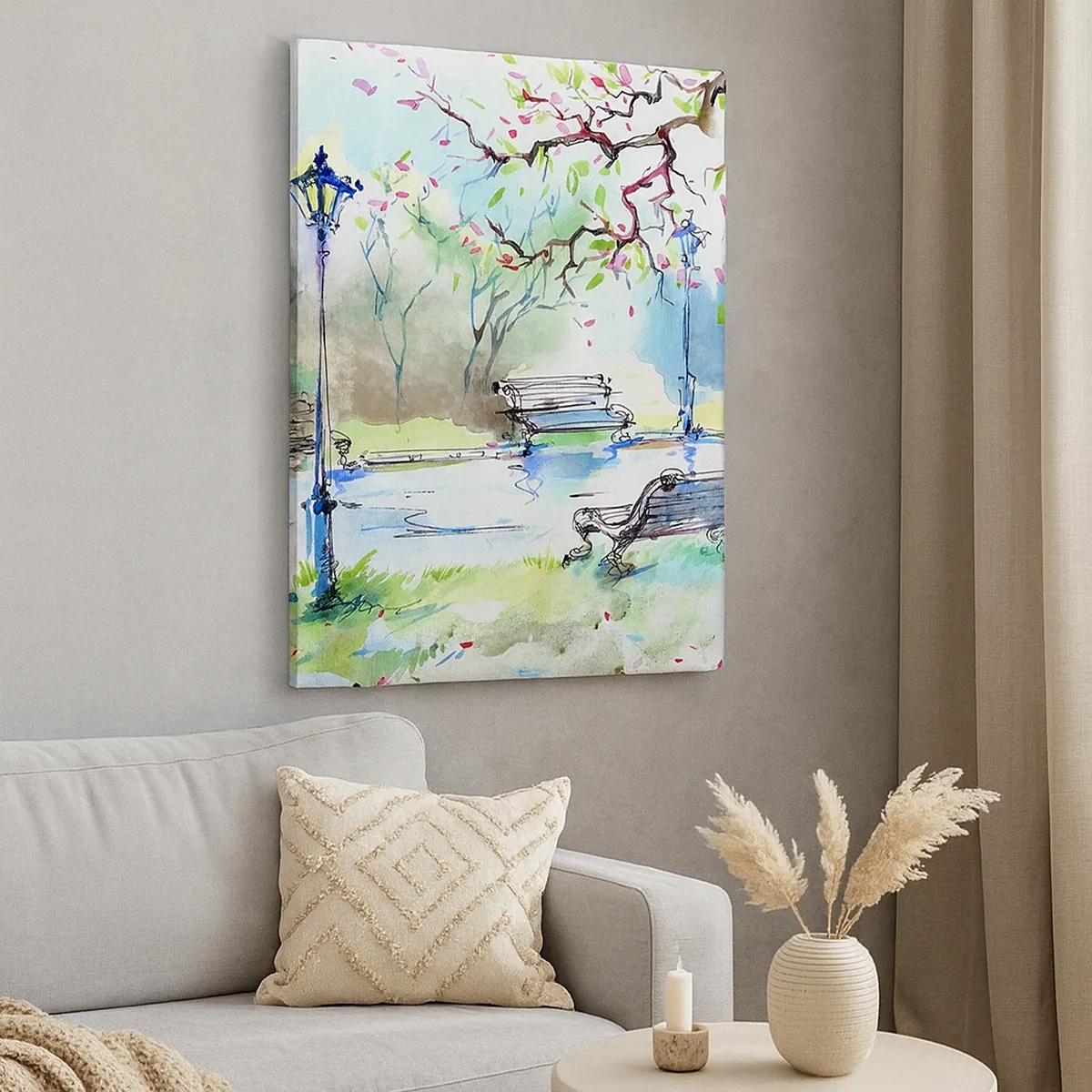 Quadro su tela - Stampe su Tela - Scena di parco ad acquerello con panchine e lampade - 50x70cm - Il fascino del silenzio del parco - Decorazione murale moderna per soggiorno e camera da letto ARTTOR