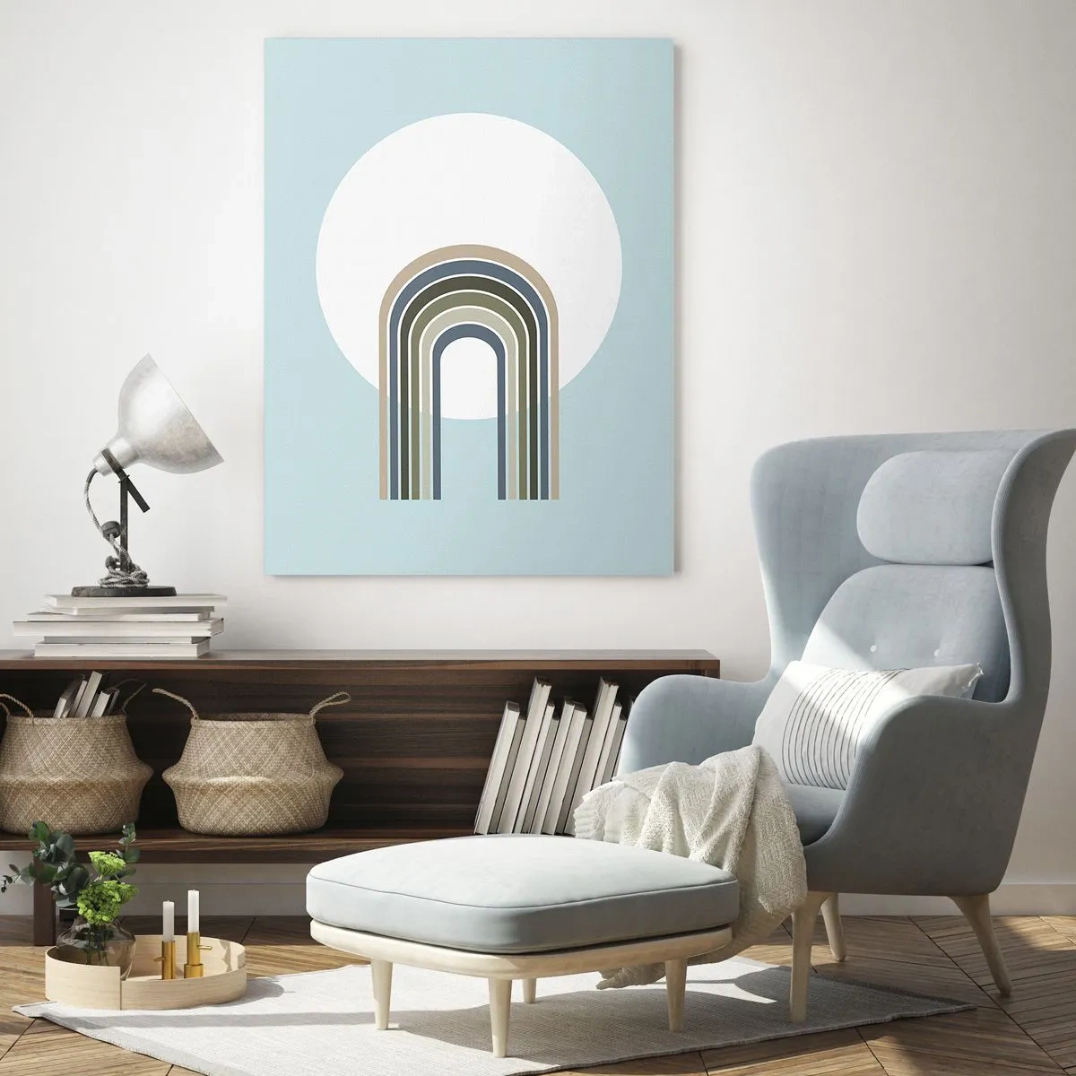 Quadro su vetro - Una composizione astratta con archi in delicate tonalità di blu e verde. - 50x70cm - Attrazione irresistibile - Decorazione murale moderna per soggiorno e camera da letto ARTTOR