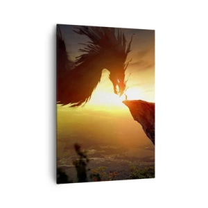Quadro su tela - Stampe su Tela - Un drago e un uomo su una roccia al chiarore del sole al tramonto - 70x100cm - Il cacciatore di draghi - Decorazione murale moderna per soggiorno e camera da letto ARTTOR