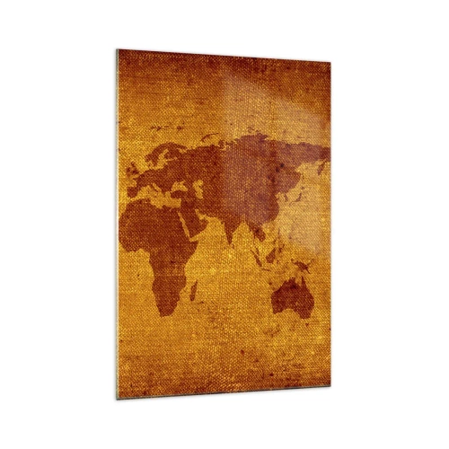 Quadro su vetro - Mappa del mondo vintage su sfondo marrone e oro. - 70x100cm - Invito a viaggiare - Decorazione murale moderna per soggiorno e camera da letto ARTTOR