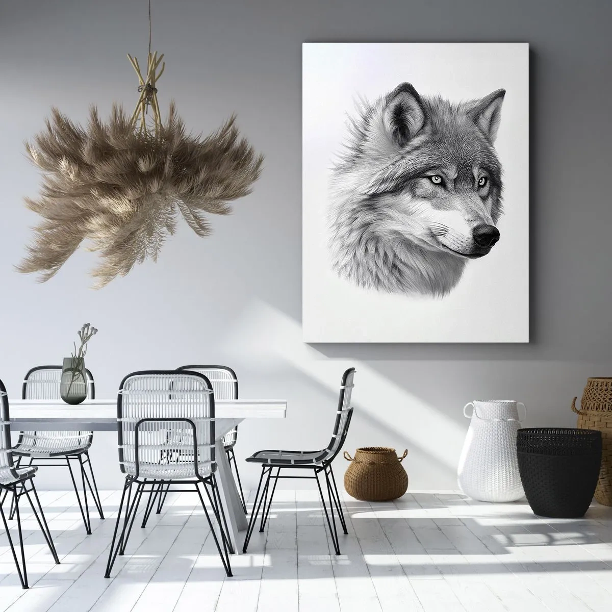 Quadro su tela - Stampe su Tela - Un ritratto realistico di un lupo in tonalità di grigio. - 50x70cm - Alfa, senza dubbio - Decorazione murale moderna per soggiorno e camera da letto ARTTOR