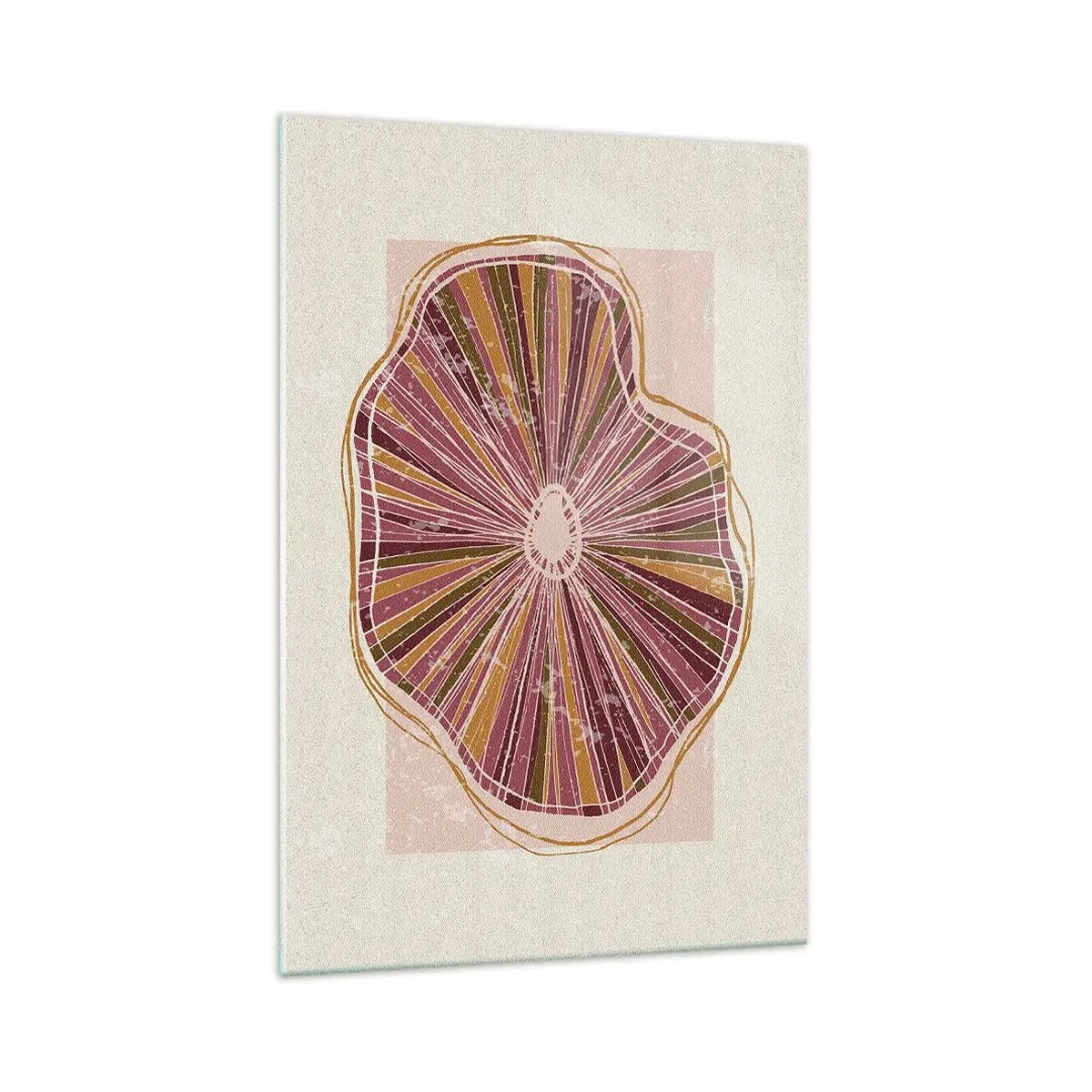 Quadro su vetro - Motivo astratto a fette di albero in tonalità rosa - 70x100cm - Astrazione raggiante - Decorazione murale moderna per soggiorno e camera da letto ARTTOR