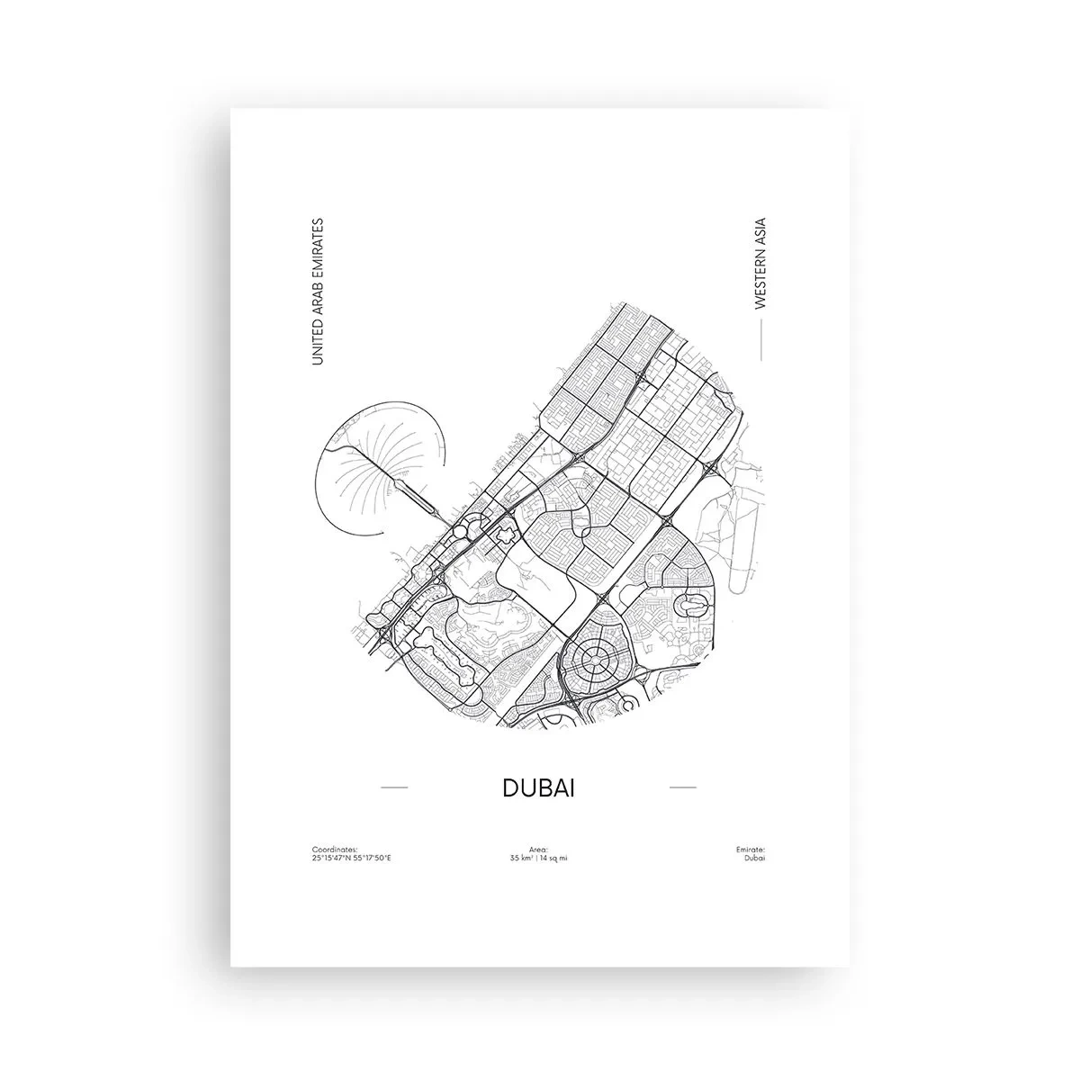 Poster - Mappa minimalista in bianco e nero di Dubai - 50x70cm - Anatomia di Dubai - Decorazione murale moderna per soggiorno e camera da letto ARTTOR