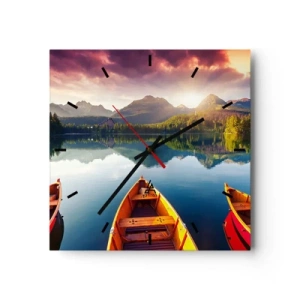 Orologio da parete - Orologio in Vetro - Tre barche di legno sullo sfondo di un lago di montagna al tramonto - 30x30cm - Niente contro natura - Decorazione murale moderna per soggiorno e camera da letto ARTTOR