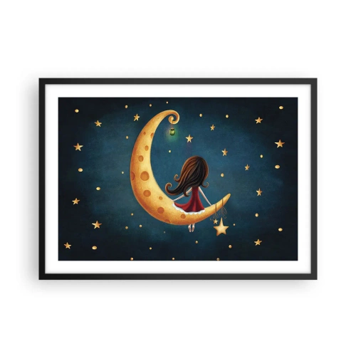 Poster in cornice nera - Una ragazza sulla luna circondata dalle stelle - 70x50cm - Una volta... - Decorazione murale moderna per soggiorno e camera da letto ARTTOR