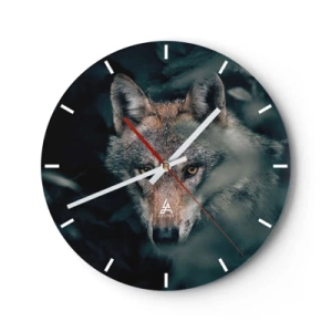 Orologio da parete - Orologio in Vetro - Un lupo dallo sguardo intenso sullo sfondo di una foresta oscura - 30x30cm - Cacciatore - Decorazione murale moderna per soggiorno, cucina e camera da letto ARTTOR