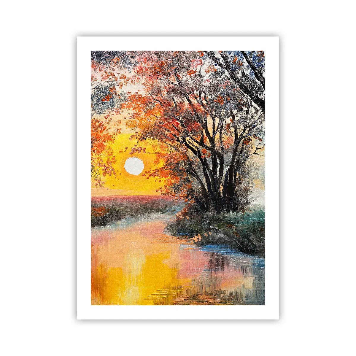 Poster - Tramonto su un fiume con alberi - 50x70cm - Atmosfera autunnale - Decorazione murale moderna per soggiorno e camera da letto ARTTOR
