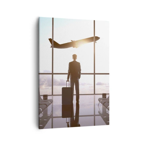 Quadro su tela - Stampe su Tela - Uomo d'affari all'aeroporto con un aereo sullo sfondo - 50x70cm - Hai tempo, rallenta - Decorazione murale moderna per soggiorno e camera da letto ARTTOR