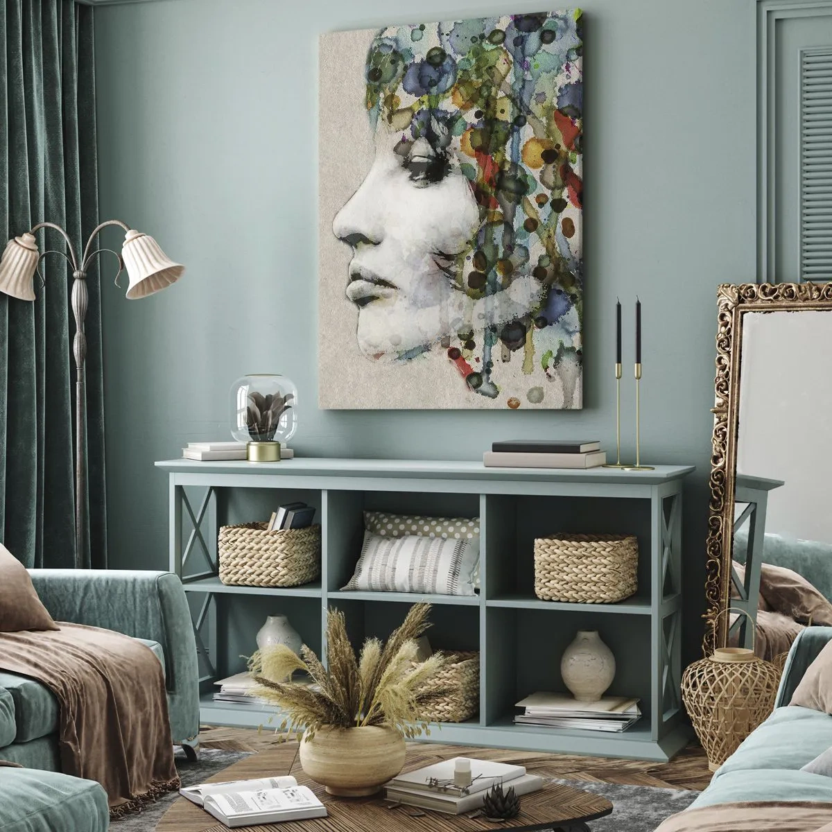 Quadro su tela - Stampe su Tela - Profilo di una donna in colori acquerellati con uno sfondo astratto - 50x70cm - Emersa dal grigio - Decorazione murale moderna per soggiorno e camera da letto ARTTOR