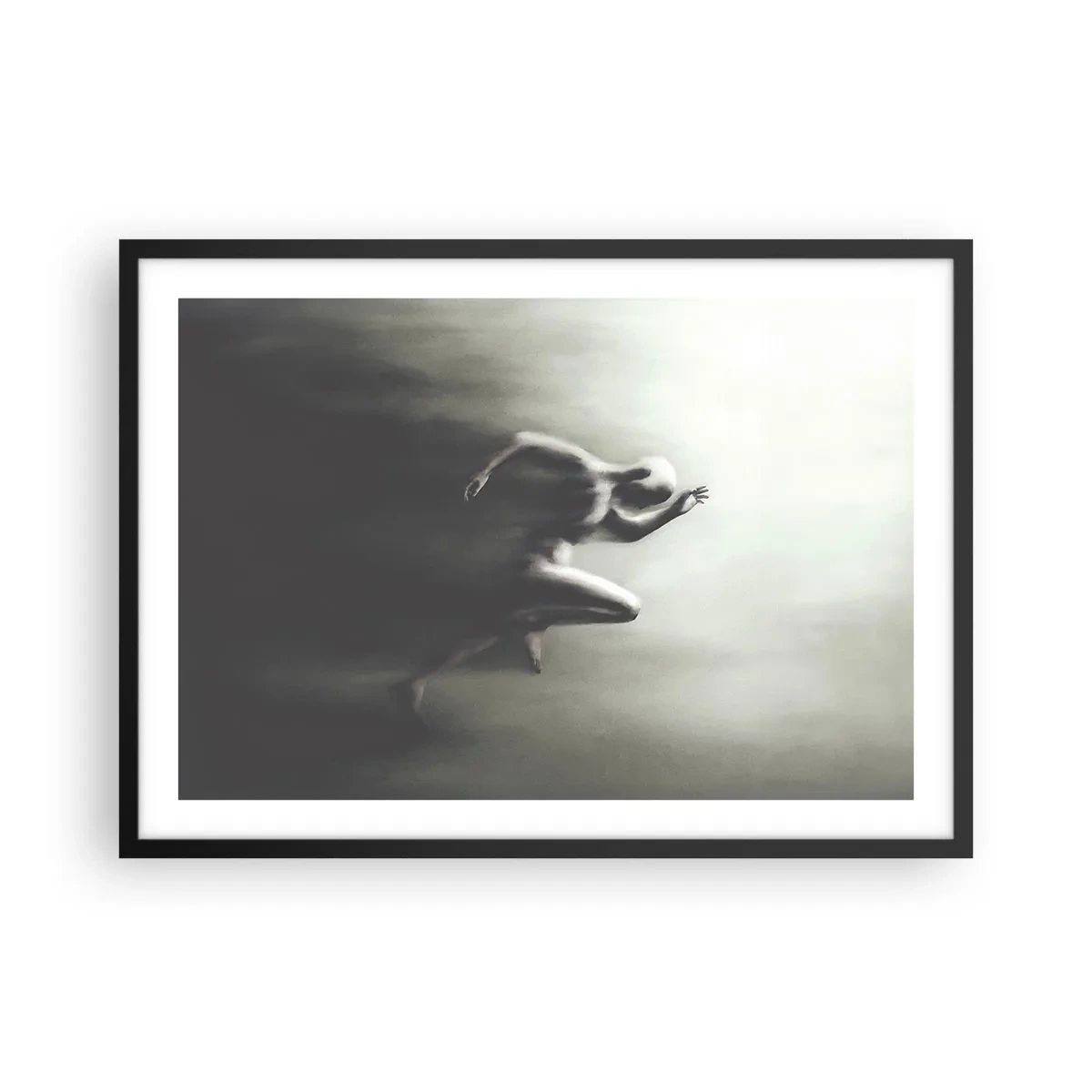 Poster in cornice nera - Una silhouette in bianco e nero di una figura in corsa, realizzata in uno stile dinamico e surreale. - 70x50cm - Inarrestabile - Decorazione murale moderna per soggiorno e camera da letto ARTTOR