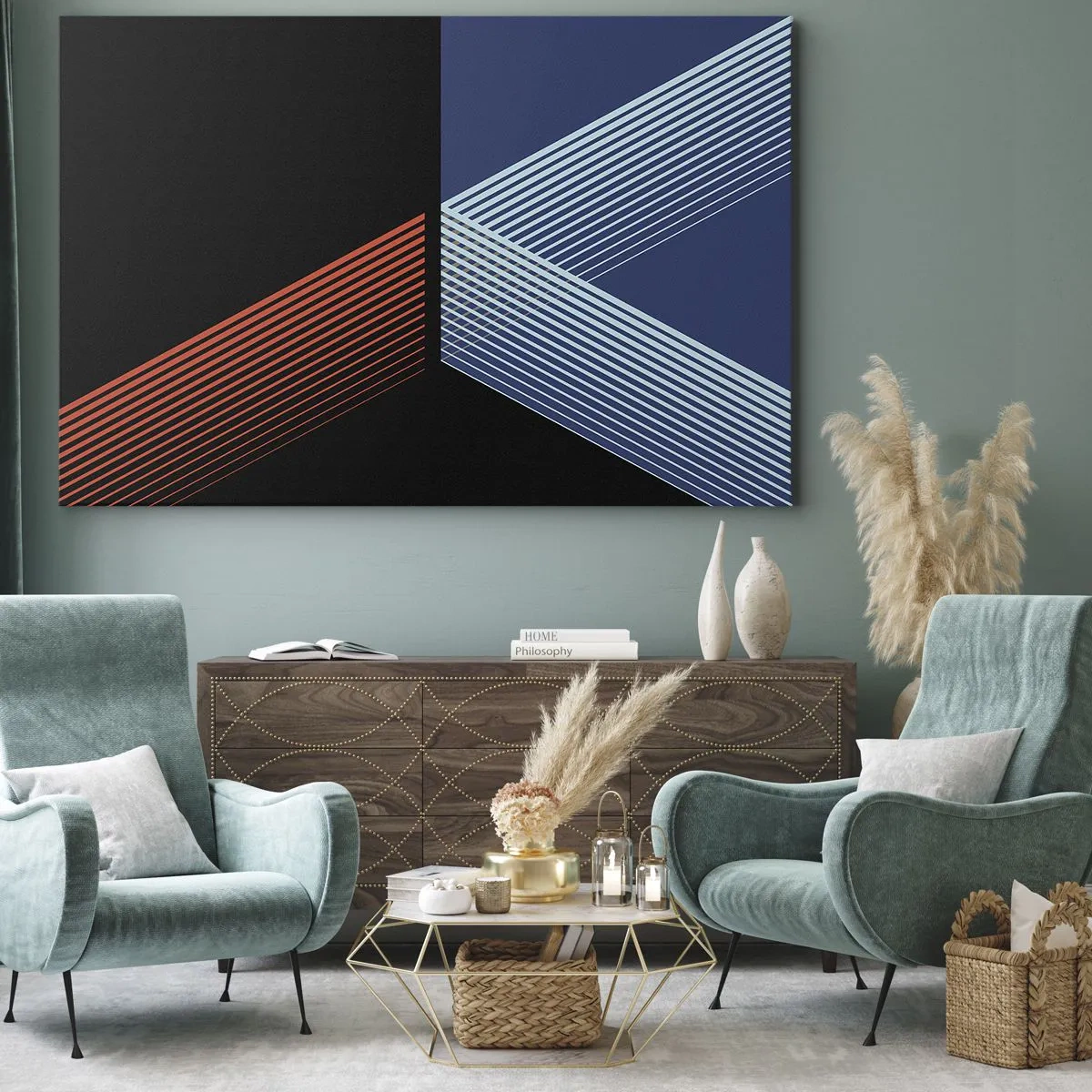 Quadro su tela - Stampe su Tela - Linee geometriche nei toni del rosso e del blu - 70x50cm - Una storia semplice - Decorazione murale moderna per soggiorno e camera da letto ARTTOR