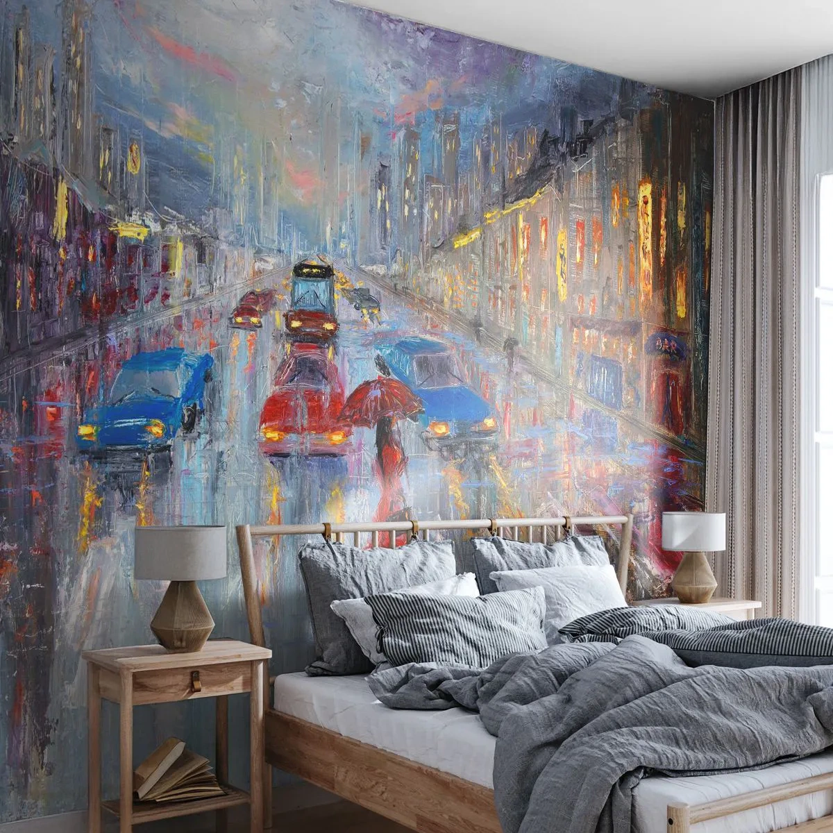 Fotomurali Standard Eco - Strada notturna impressionista con una figura sotto un ombrello rosso - 100x70cm - Pomeriggio di pioggia in città - Decorazione murale moderna per soggiorno e camera da letto ARTTOR