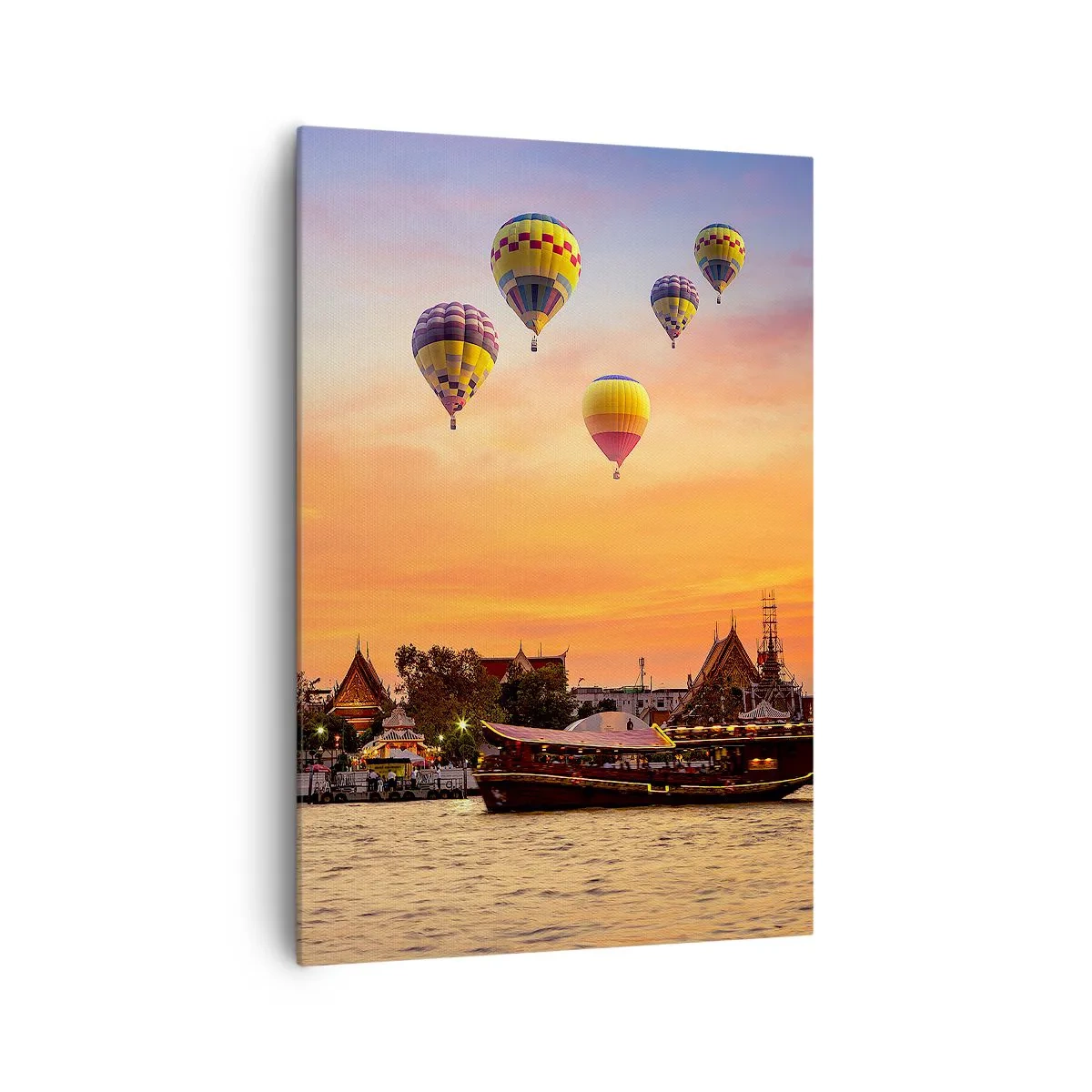 Quadro su tela - Stampe su Tela - Un tempio e palloncini sullo sfondo del sole al tramonto sul fiume - 70x100cm - Qui nascono le favole - Decorazione murale moderna per soggiorno e camera da letto ARTTOR