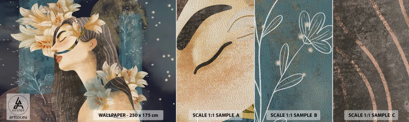 Campione di Fotomurale Premium Sand - La favola della principessa con i gigli - Astrazione, Donna, Fiori - 100x30 cm