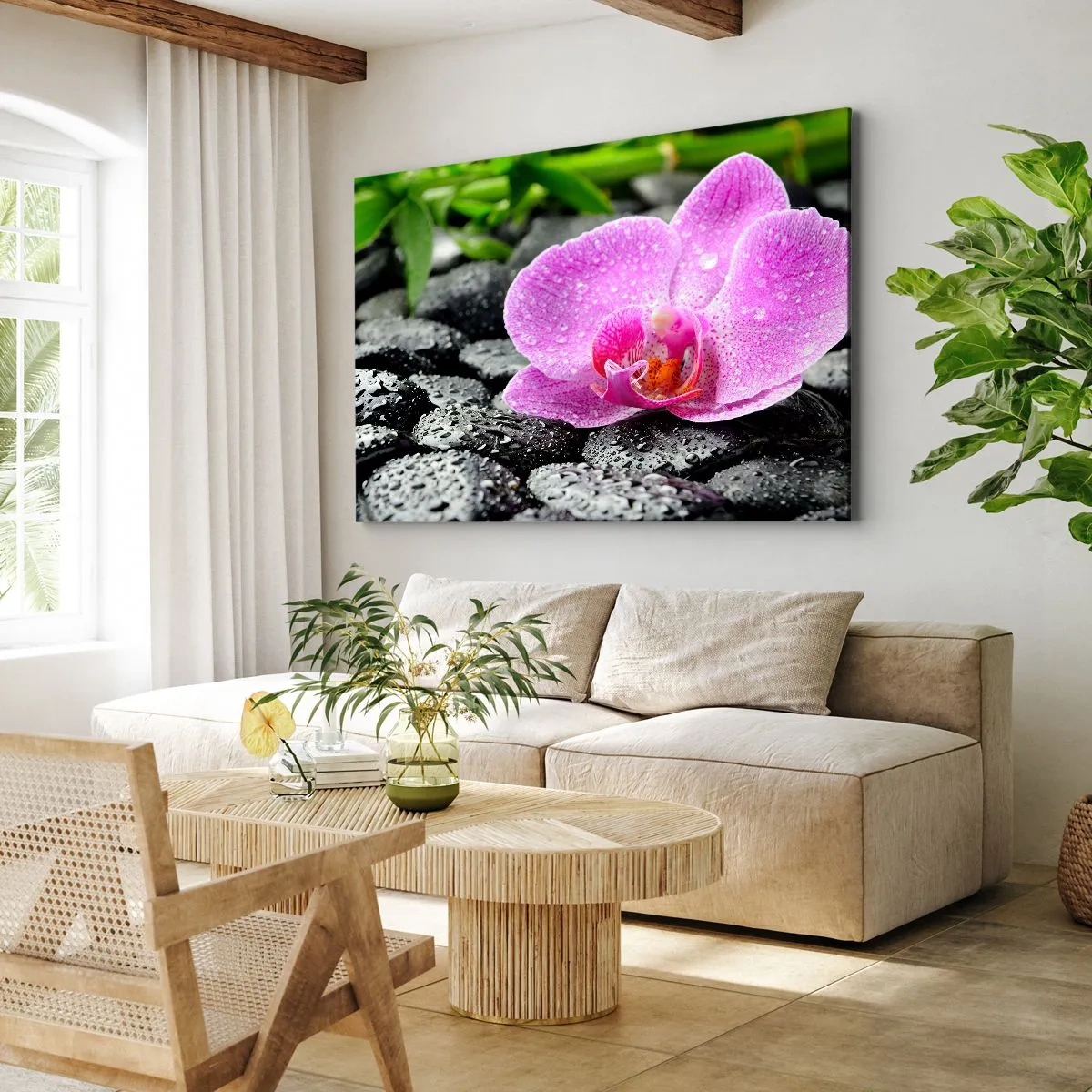 Quadro su tela - Stampe su Tela - Orchidea rosa su pietre nere bagnate con foglie verdi - 70x50cm - Come un cuore aperto - Decorazione murale moderna per soggiorno e camera da letto ARTTOR