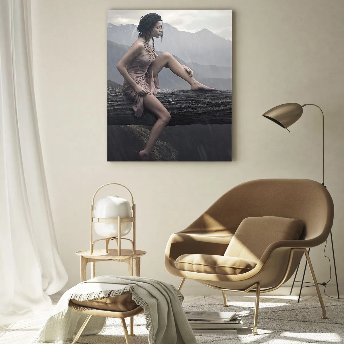 Quadro su vetro - Una donna e un gatto su un tronco di legno in un paesaggio piovoso - 50x70cm - Cime di bellezza - Decorazione murale moderna per soggiorno e camera da letto ARTTOR