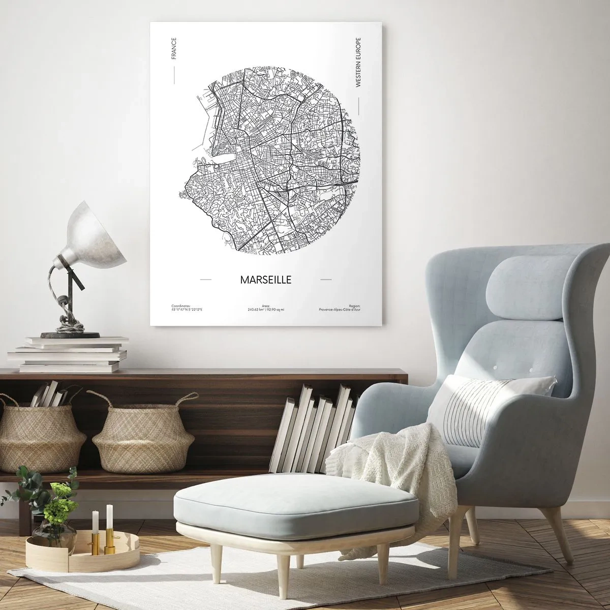 Quadro su vetro - Mappa in bianco e nero della città di Marsiglia in stile moderno - 50x70cm - Anatomia di Marsiglia - Decorazione murale moderna per soggiorno e camera da letto ARTTOR