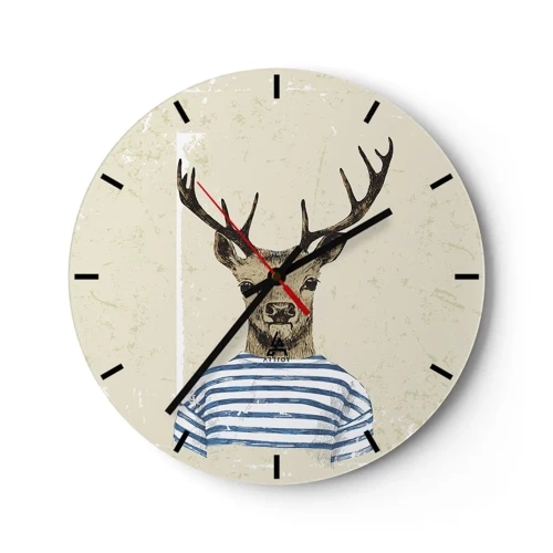 Orologio da parete - Orologio in Vetro - Un cervo dei cartoni animati in abiti a righe su uno sfondo beige - 30x30cm - Mi piacciono le camicie a righe! - Decorazione murale moderna per soggiorno, cucina e camera da letto ARTTOR