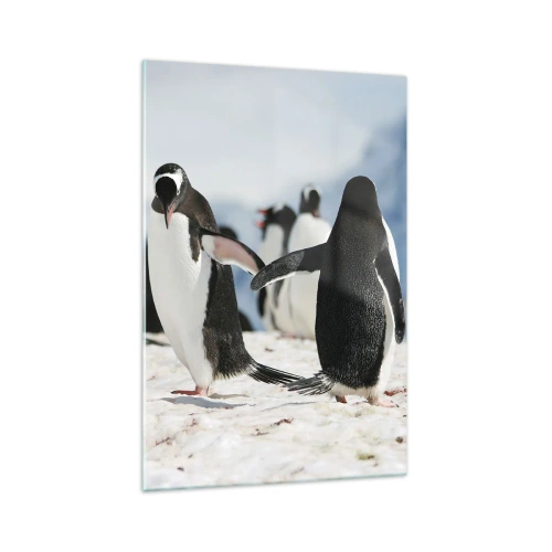 Quadro su vetro - Un gruppo di pinguini nella neve in un paesaggio antartico - 70x100cm - Danza sulla neve - Decorazione murale moderna per soggiorno e camera da letto ARTTOR