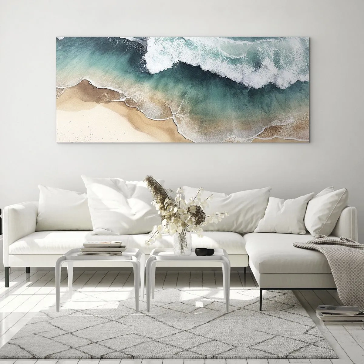 Quadro su vetro - Vista della spiaggia e delle onde del mare nelle tonalità del turchese - 140x50cm - L'eterno incontro - Decorazione murale moderna per soggiorno e camera da letto ARTTOR