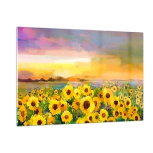 Quadro su vetro - Un campo di girasoli alla luce del sole al tramonto - 120x80cm - Il sole è sceso sulla terra - Decorazione murale moderna per soggiorno e camera da letto ARTTOR