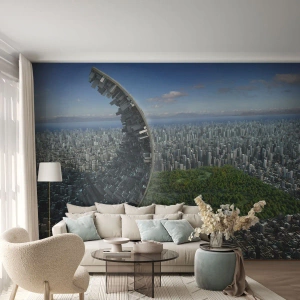 Fotomurali Premium Sand - Una visione futuristica di una città con un'oasi verde - 100x70cm - La natura è eterna - Decorazione murale moderna per soggiorno e camera da letto ARTTOR