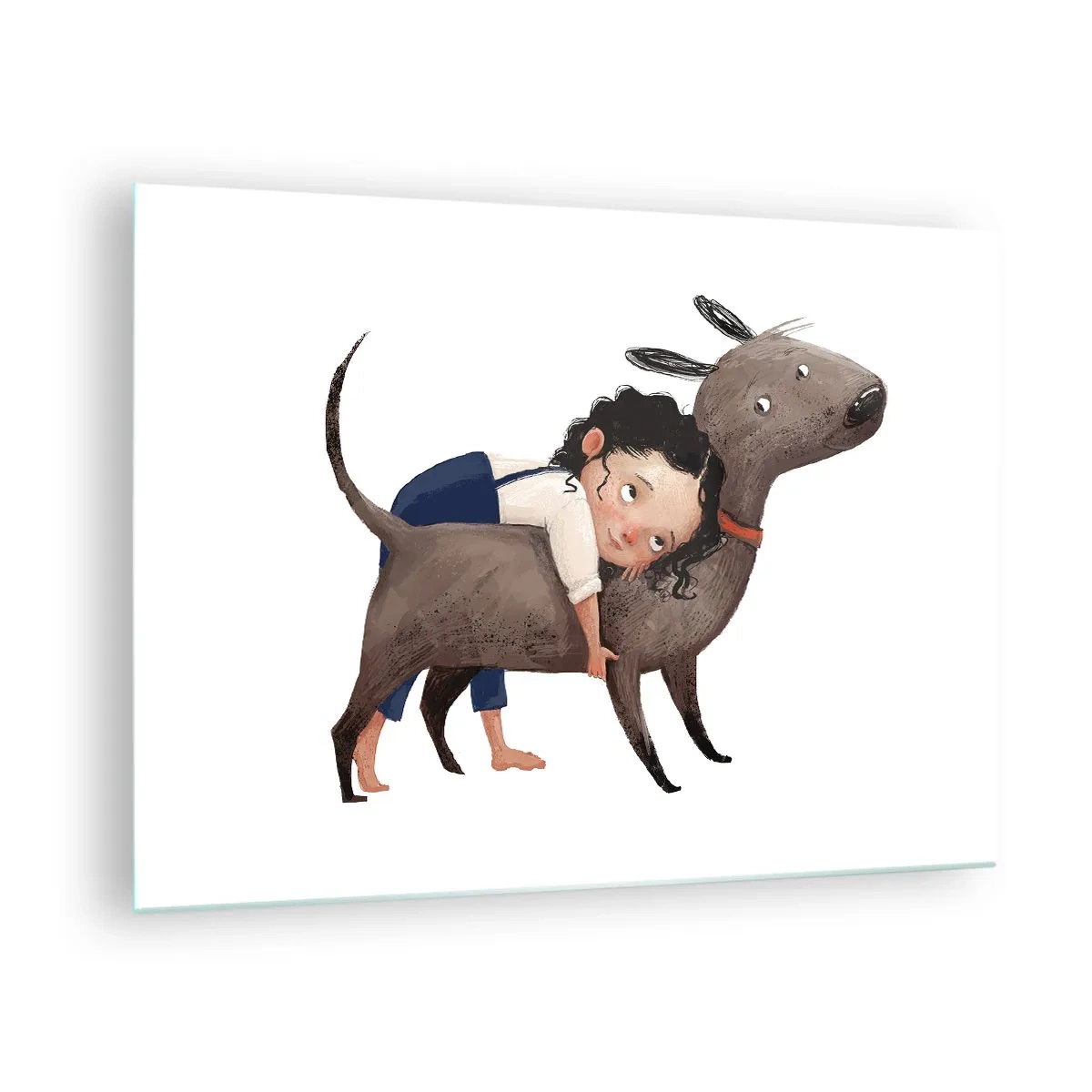 Quadro su vetro - Una ragazza che abbraccia un grosso cane su uno sfondo bianco - 70x50cm - I migliori amici - Decorazione murale moderna per soggiorno e camera da letto ARTTOR