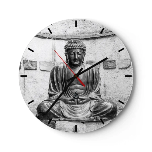 Orologio da parete - Orologio in Vetro - Una statua del Buddha in stile monocromatico su uno sfondo di muro - 30x30cm - Alla fonte della pace - Decorazione murale moderna per soggiorno, cucina e camera da letto ARTTOR