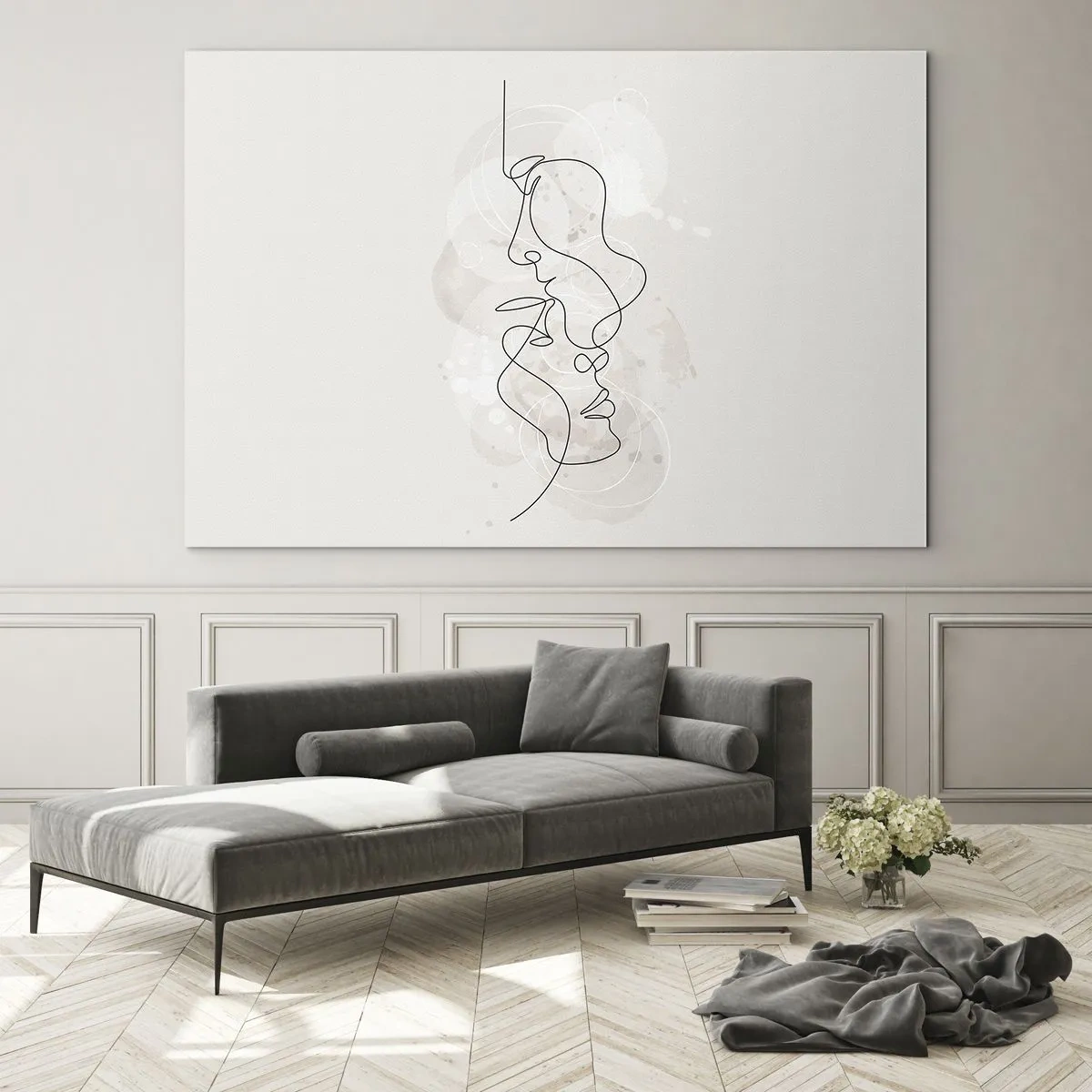Quadro su vetro - Un disegno minimalista dei volti di due persone in un abbraccio sottile e sensuale. - 120x80cm - Intrecciati in un abbraccio - Decorazione murale moderna per soggiorno e camera da letto ARTTOR