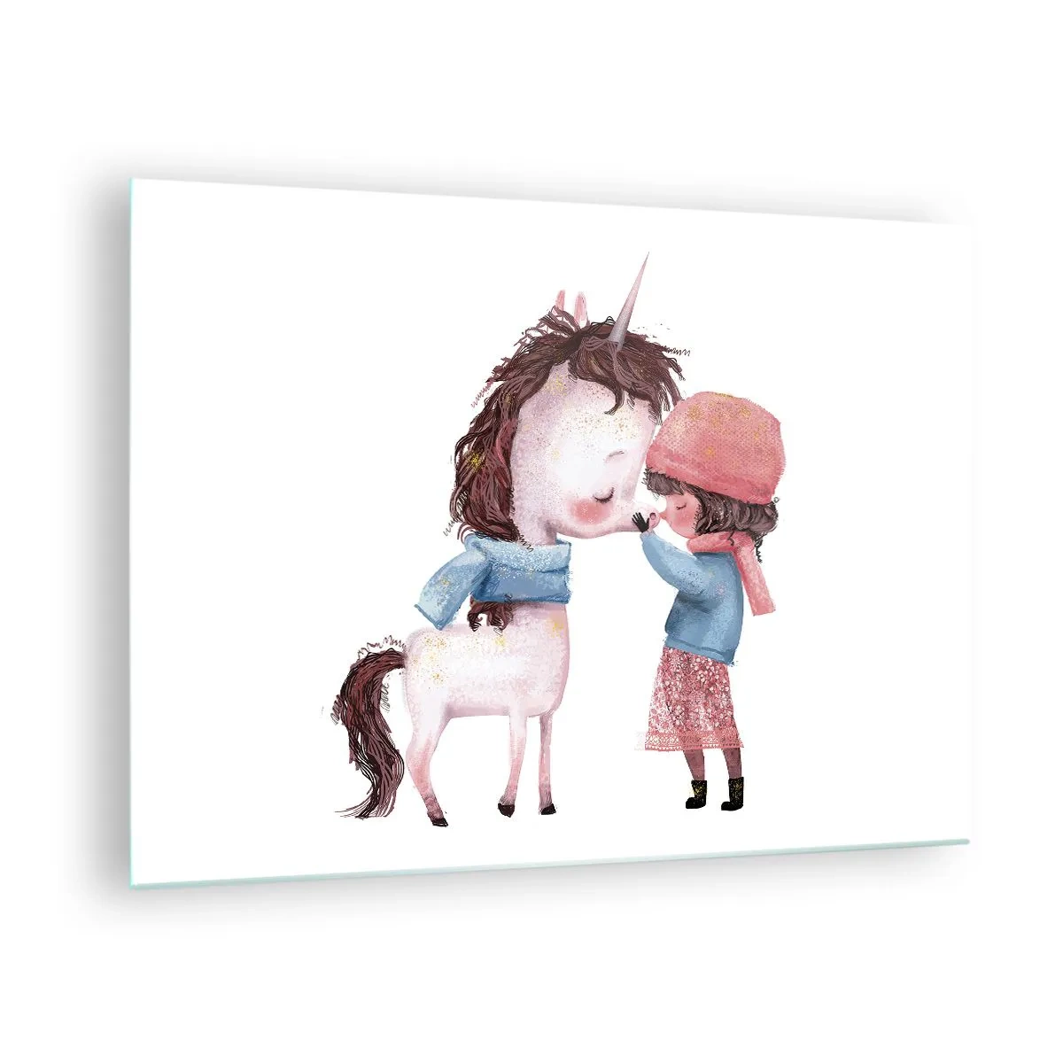 Quadro su vetro - Una ragazza e un unicorno in uno scenario invernale - 70x50cm - Racconto d'inverno - Decorazione murale moderna per soggiorno e camera da letto ARTTOR