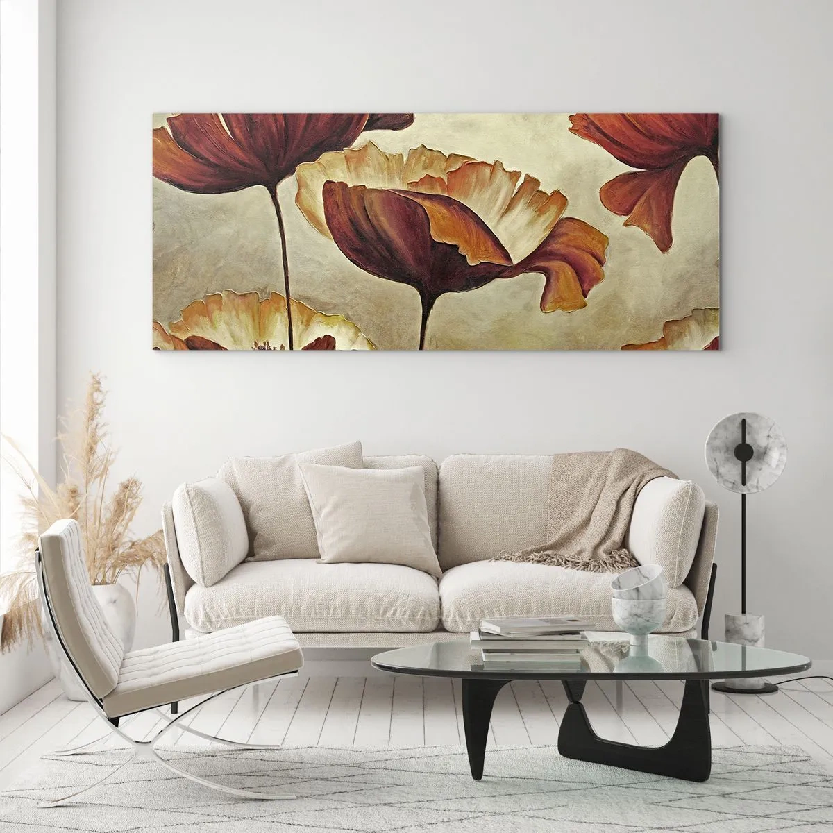 Quadro su vetro - Fiori delicati nei toni del rosso e dell'oro su uno sfondo chiaro - 160x50cm - Nei prati e nei campi - Decorazione murale moderna per soggiorno e camera da letto ARTTOR