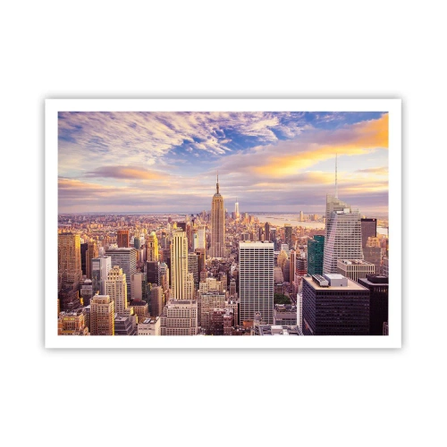 Poster - Panorama di una città moderna con grattacieli al tramonto - 100x70cm - Toccando le nuvole - Decorazione murale moderna per soggiorno e camera da letto ARTTOR