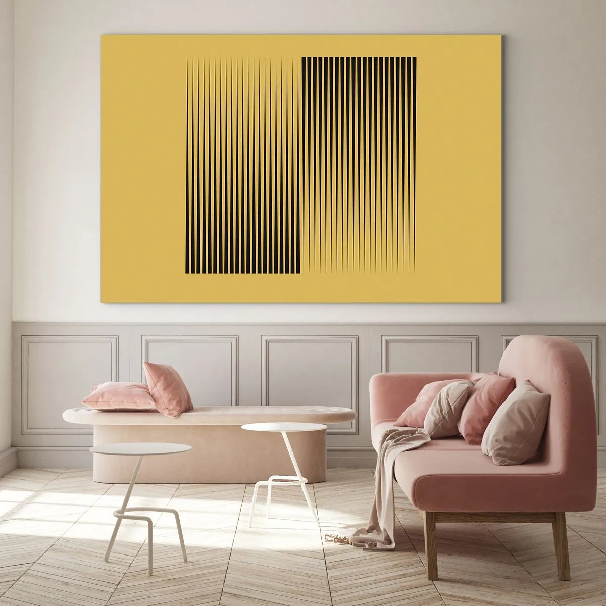 Quadro su vetro - Le linee verticali nere creano un'illusione geometrica - 120x80cm - La quadratura degli opposti - Decorazione murale moderna per soggiorno e camera da letto ARTTOR