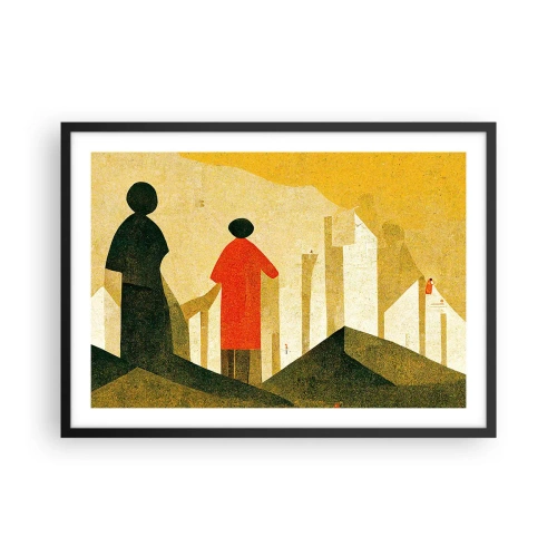 Poster in cornice nera - Silhouette geometriche in rosso e verde su sfondo giallo - 70x50cm - La strada è ancora lunga - Decorazione murale moderna per soggiorno e camera da letto ARTTOR