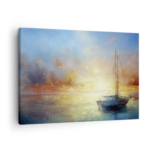 Quadro su tela - Stampe su Tela - Uno yacht su un mare calmo al tramonto - 70x50cm - Nella baia dorata - Decorazione murale moderna per soggiorno e camera da letto ARTTOR