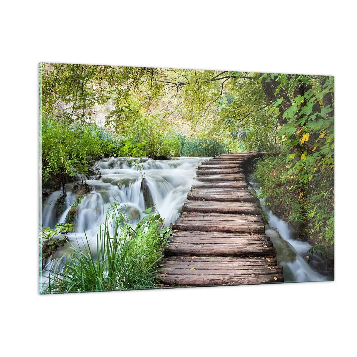 Quadro su vetro - Un ponte nella foresta sopra un ruscello - 120x80cm - Acqua per niente tranquilla - Decorazione murale moderna per soggiorno e camera da letto ARTTOR