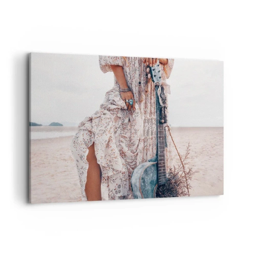 Quadro su tela - Stampe su Tela - Donna in stile boho con chitarra sulla spiaggia - 120x80cm - Figli dei fiori in cammino - Decorazione murale moderna per soggiorno e camera da letto ARTTOR